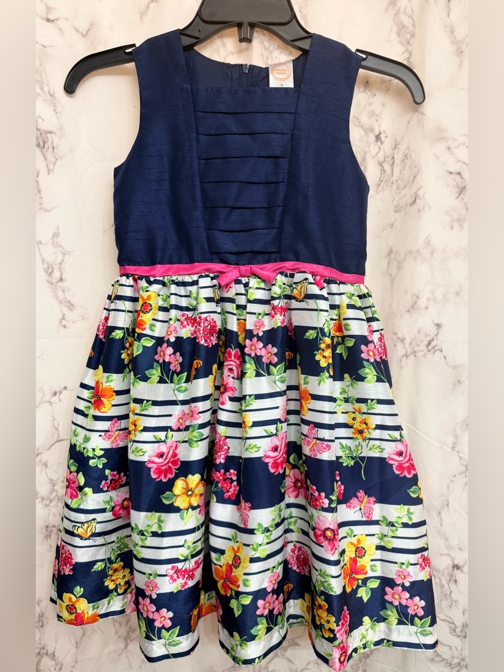 wonder nation Navy Floral Striped Party Dress with Pink Ribbon